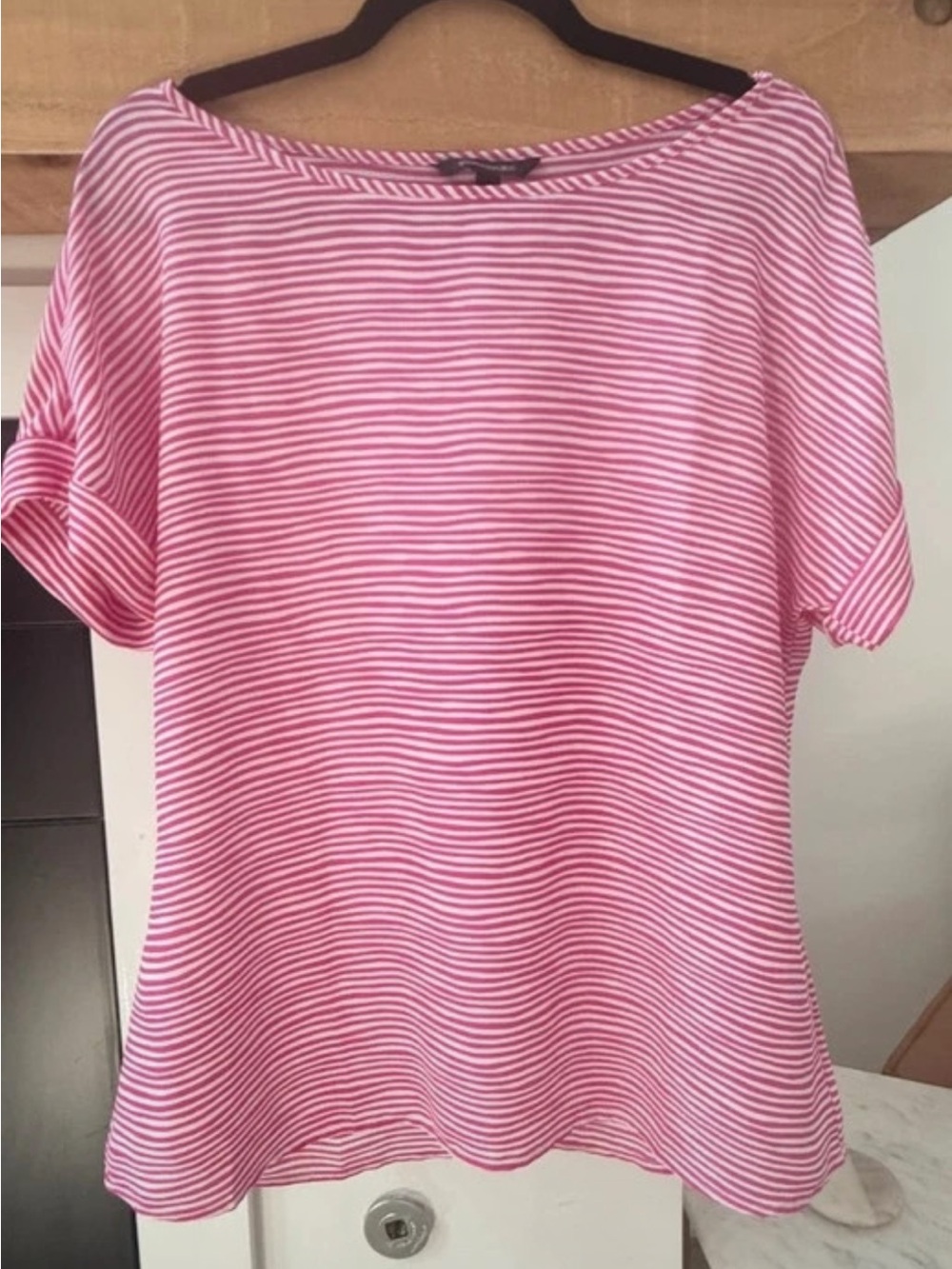 Banana Republic Pink White Stripe Boatneck Short Cuffed Sleeve Blouse NWT Size M